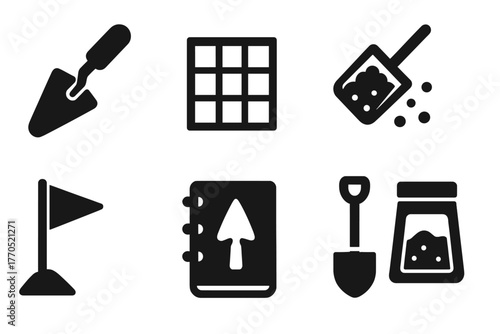 Archaeological Tools Icons. Solid style icons of Archaeological Tools: Trowel, Small Brush, Grid Line, Soil Sifter, Marker Flag,
