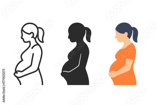 Pregnant Woman Icon Trio. Minimalist pregnant woman icon: three identical female silhouettes with round belly in a row, first in