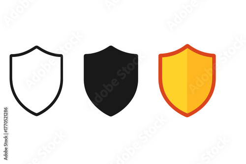 Minimalist Shield Icons. Minimalist shield icon: three identical shield icons in a row, first in line style with thin outline,