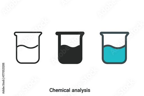 Minimalist Beaker Icons. Minimalist chemical analysis icon: three identical beaker with liquid icons in a row, first in line style