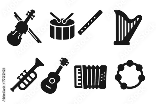 Traditional Music Instruments. Solid style icons of Traditional Music Instruments: Violin, Drum, Flute, Harp, Trumpet, Guitar,