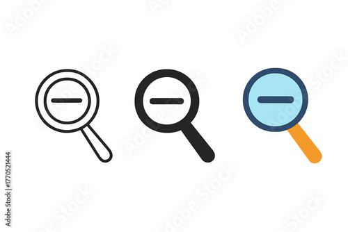 Minimalist Zoom Icons. Minimalist zoom out icon: three identical magnifiers with a minus sign inside in a row, first in line style