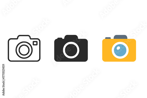 Minimalist Camera Variety. Minimalist camera travel icon: three identical compact cameras with lens in front in a row, first in