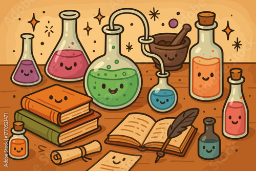 Cheerful Alchemist's Table. Cheerful alchemist’s table with smiling flasks, books, and tiny doodle sparkles