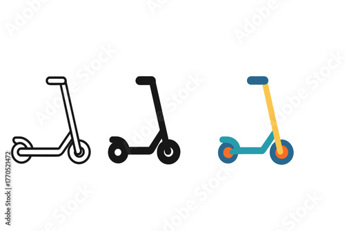Minimalist Scooter Trio. Minimalist scooter icon: three identical kick scooters in side view in a row, first in line style with