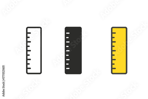Minimalist Ruler Icons. Minimalist ruler icon: three identical straight rulers with tick marks in a row, first in line style with