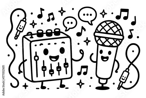 Musical Harmony Doodles. Cute doodle vector scene of a mixing console and microphone chatting together, surrounded by smiling