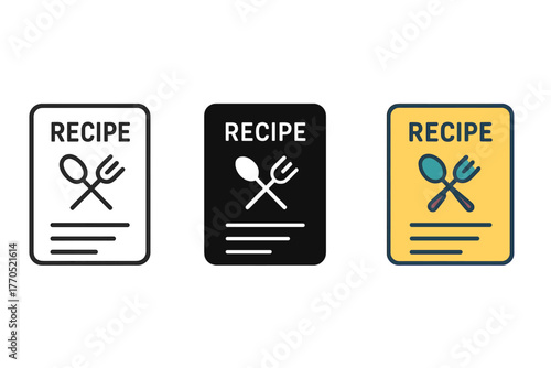 Recipe Card Designs. Minimalist recipe card icon: three identical recipe card icons in a row, first in line style with thin
