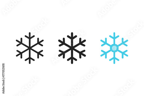 Snowflake Icon Trio. Minimalist snowfall icon: three identical snowflake icons in a row, first in line style with thin outline,