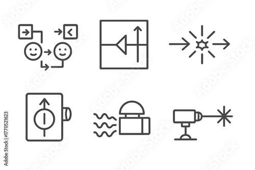 Quantum Experiment Icons. Line style icons of quantum experiments: Bell test, interferometer, particle collision, spin measurement