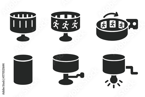 Vintage Frame Animators Icons. Solid style icons of Vintage Frame Animators: Slitted Drum, Zoetrope, Spinning, Sequential Images,