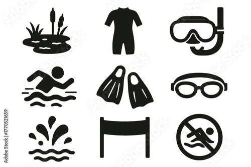 Outdoor Water Quirks Icons. Solid style icons of Outdoor Water Quirks: Bog, Wet Suit, Snorkel Mask, Race, Fins, Goggles, Water