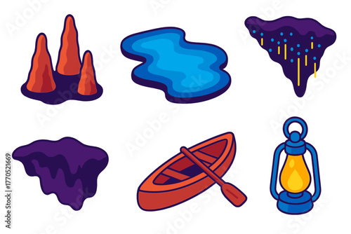 Subterranean River Adventure. Isometric vector illustration set Subterranean River: Stalagmites, Underground Water, Canoe,