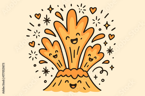 Cheerful Eruption Doodle. Cute doodle vector artwork of a cheerful eruption bursting upward with happy faces in the fiery bursts,