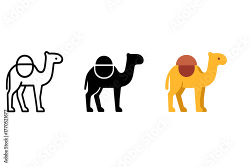 Camel Gear Icons. Minimalist camel gear icon: three identical camel with saddle icons in a row, first in line style with thin