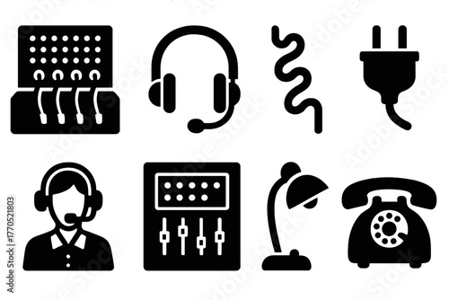 Vintage Tech Icons. Solid style icons of Vintage Office Tech: Switchboard, Headset, Cord, Plug, Operator, Panel, Light, Telephone,