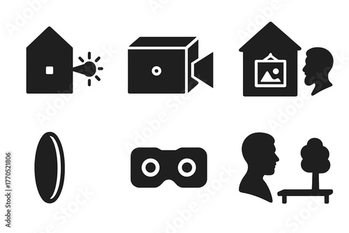 Optical History Icons. Solid style icons of Optical History: Camera Obscura, Pinhole, Dark Room, Projected Image, Lens, Viewer,