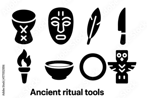 Ancient Ritual Icons. Solid style icons of Ancient Ritual Tools: Drum, Mask, Feather, Knife, Torch, Bowl, Circle, Totem, No text,