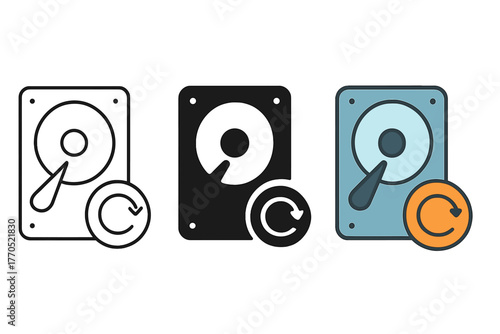 Minimalist Data Icons. Minimalist data recovery icon: three identical hard drive with refresh arrow icons in a row, first in line