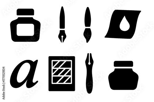 Calligraphy Tools Icons. Solid style icons of Calligraphy Tools: ink bottle, dip pen, brush tip, blotting paper, letterform,