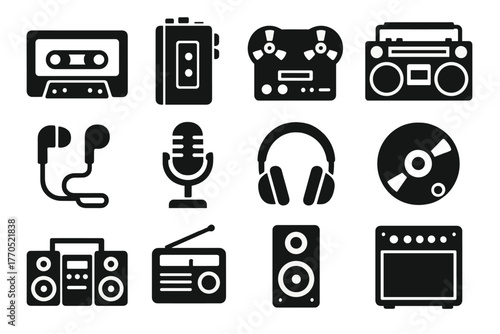 Vintage Music Icons. Solid style icons of Vintage Music Devices: Cassette, Walkman, Reel-to-Reel, Boombox, Earphones, Microphone,