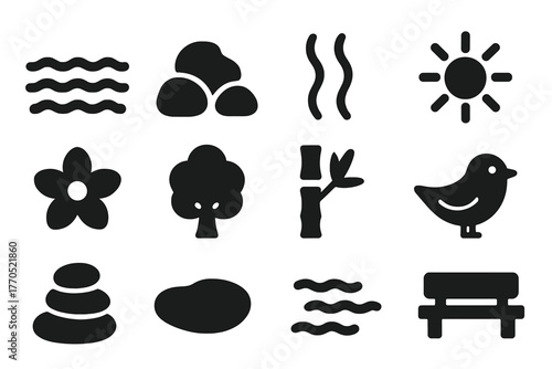 Soothing Nature Icons. Solid style icons of Soothing Nature: Water, Rocks, Steam, Sun, Flower, Tree, Bamboo, Bird, Pebbles, Pool,