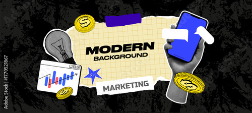 Half-tone Hand holds a mobile phone with chat. Contemporary banner about marketing. Collage Computer, coin, and graph on the background of paper glued on tape. Modern text and texture for your busines