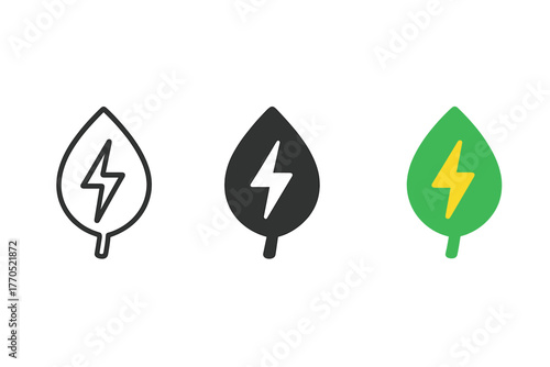 Energy Icon Trio. Minimalist energy saving icon: three identical leaf with lightning bolt icons in a row, first in line style with