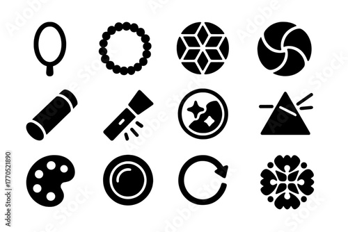 Kaleidoscope Icons Collection. Solid style icons of Kaleidoscope: Mirror, Beads, Pattern, Twist, Tube, Light, Reflection, Prism,