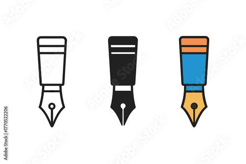 Fountain Pen Trio. Minimalist calligraphy pen icon: three identical fountain pens in a row, first in line style with thin outline,