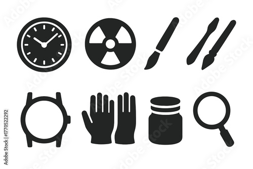 Historical Timepiece Icons. Solid style icons of Historical Timepiece Craft: Watch Face, Radium, Brush, Hands, Case, Gloves, Jar,