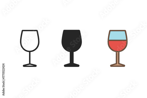 Minimalist Wine Glasses. Minimalist tasting glass icon: three identical wine tasting glass icons in a row, first in line style