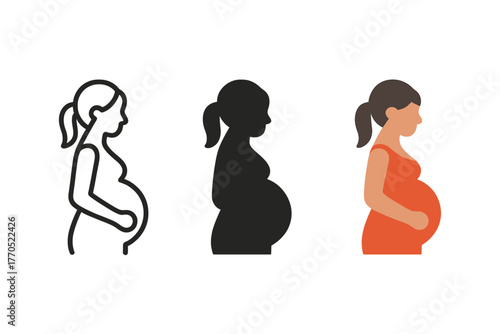 Pregnant Woman Icon Trio. Minimalist pregnant woman icon: three identical female silhouettes with round belly in a row, first in