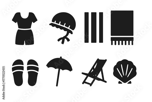 Victorian Beach Icons. Solid style icons of Victorian Beachwear: Swimsuit, Cap, Striped Fabric, Towel, Sandals, Umbrella, Chair,