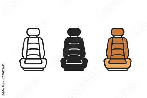 Minimalist Leather Car Seats. Minimalist leather car seat icon: three identical vintage leather car seats in a row, first in line