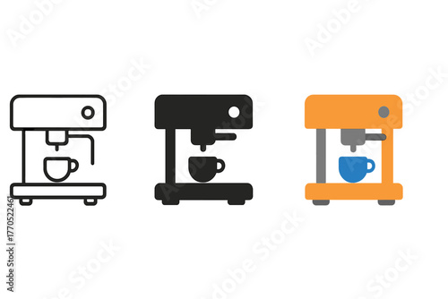 Espresso Machine Icons. Minimalist espresso machine icon: three identical espresso machine icons in a row, first in line style
