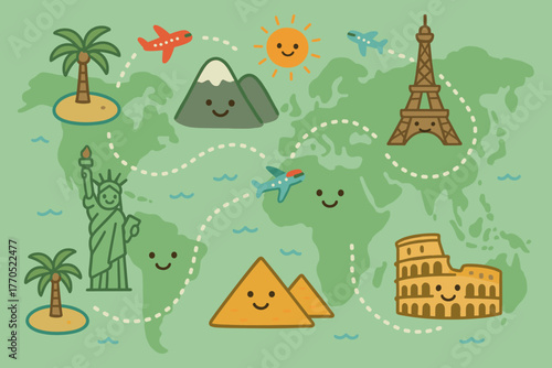 Cheerful Travel Adventure. Friendly travel map with smiling landmarks, dotted paths, and tiny airplanes flying above