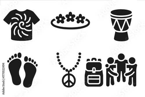 Hippie Culture Icons. Solid style icons of Hippie Culture Gathering: Tie-Dye Shirt, Flower Crown, Peace Sign, Drum, Bare Feet,