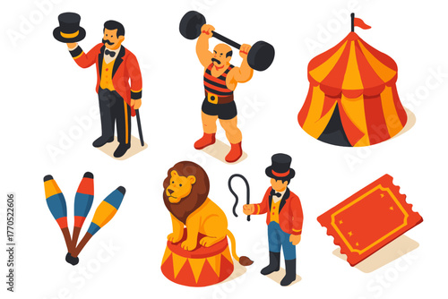 Vintage Circus Icons. Isometric vector illustration set Vintage Circus: Ringmaster, Strongman, Big Top, Lion Tamer, Juggling Clubs