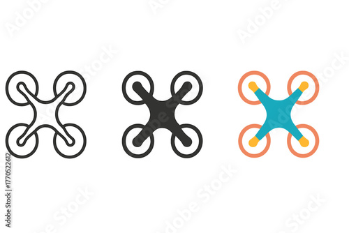 Diverse Quadcopter Icons. Minimalist quadcopter icon: three identical quadcopter drone icons in a row, first in line style with