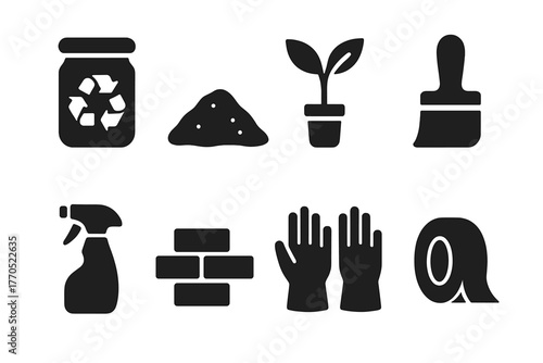 Sustainable Art Icons. Solid style icons of Sustainable Art Projects: Recycled Jar, Soil, Plant Cutting, Brush, Spray Bottle,