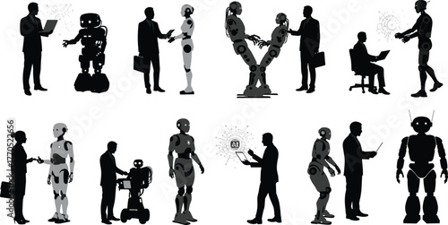 Business people interacting with robots, artificial intelligence cooperation in workplace, futuristic technology partnership, AI automation concept illustration for digital transformation