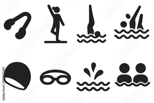 Synchronized Swimming Icons. olid style icons of Synchronized Swimming: Nose Clip, Deck Work, Underwater, Formation, Swim Cap,