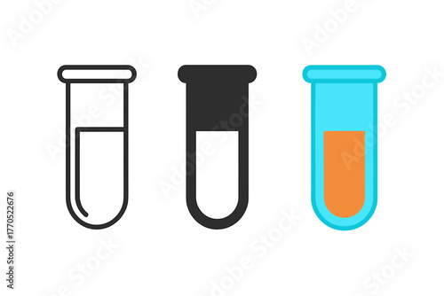 Minimalist Test Tube Icons. Minimalist chemical test tube icon: three identical test tubes with chemicals in a row, first in line
