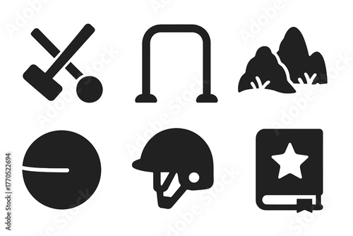Extreme Croquet Icons. Solid style icons of Extreme Field Games: Croquet, Mallet, Wicket, Rough Terrain, Ball, Helmet, Obstacle,