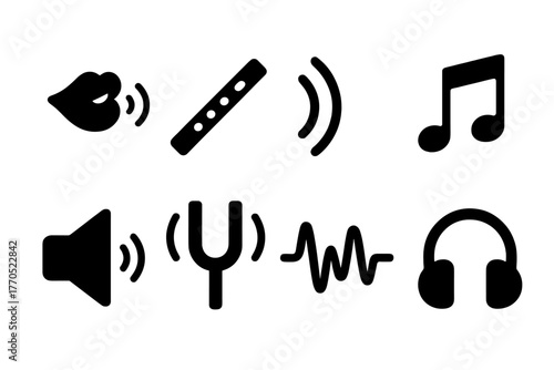 Sound Art Icons. Solid style icons of Sound Art: Whistling Mouth, Flute, Echo, Music Note, Speaker, Tuning Fork, Waveform,