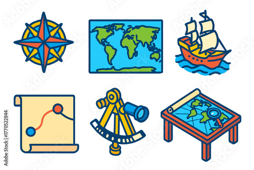 Navigation Icons Set. Isometric vector illustration set Mercator Projection: Compass Rose, World Map, Ship, Rhumb Line, Sextant,