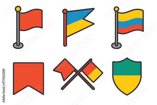 Colorful Flag Icons. Isometric vector illustration set Vexillology: Pole, Pennant, Flag Design, Banner, Semaphore, Crest Shield.