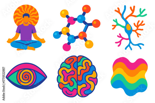 Psychedelic Icon Collection. Isometric vector illustration set Psychedelic Research: Consciousness, Molecule, Neural Pathway,