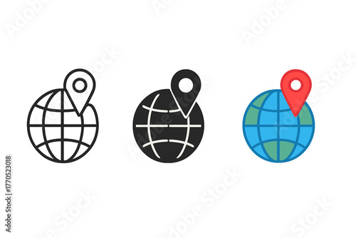 Minimalist Globe Icons. Minimalist globe location icon: three identical globes with small pins placed on them in a row, first in